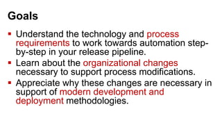 Goals
 Understand the technology and process
requirements to work towards automation step-
by-step in your release pipeline.
 Learn about the organizational changes
necessary to support process modifications.
 Appreciate why these changes are necessary in
support of modern development and
deployment methodologies.
 
