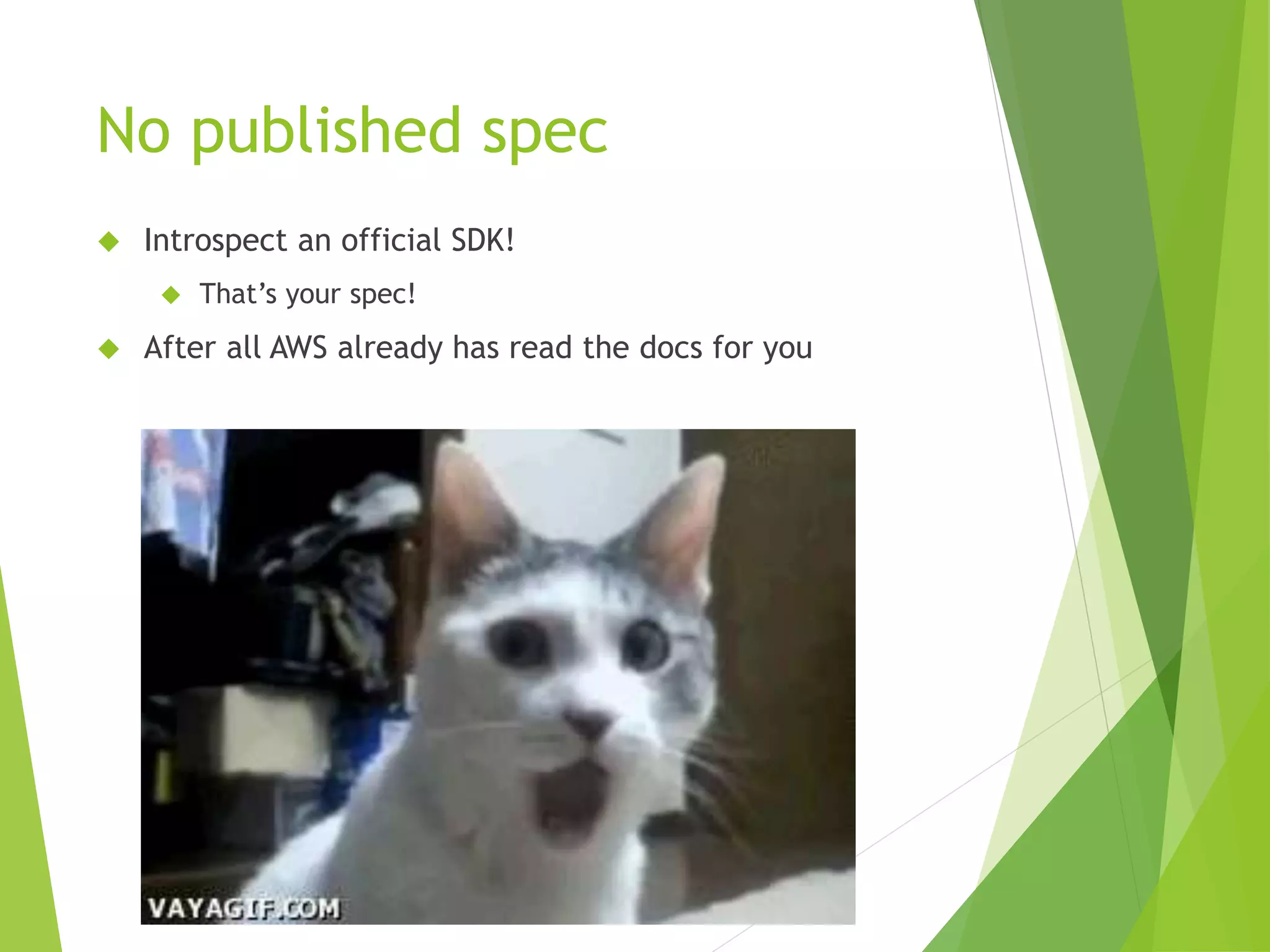 No published spec  Introspect an official SDK!  That’s your spec!  After all AWS already has read the docs for you 