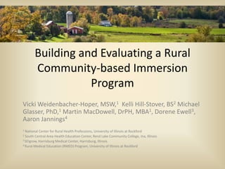 Building and Evaluating a Rural
Community-based Immersion
Program
Vicki Weidenbacher-Hoper, MSW,1 Kelli Hill-Stover, BS2 Michael
Glasser, PhD,1 Martin MacDowell, DrPH, MBA1, Dorene Ewell3,
Aaron Jannings4
1 National Center for Rural Health Professions, University of Illinois at Rockford
2 South Central Area Health Education Center, Rend Lake Community College, Ina, Illinois
3 SEIgrow, Harrisburg Medical Center, Harrisburg, Illinois
4 Rural Medical Education (RMED) Program, University of Illinois at Rockford
 