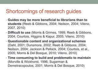 Shortcomings of research guides
• Guides may be more beneficial to librarians than to
  students (Reeb & Gibbons, 2004; Neilson, 2004; Vileno,
  2007, 2010)
• Difficult to use (Morris & Grimes, 1999; Reeb & Gibbons,
  2004; Courtois, Higgins & Kapur, 2005; Vileno, 2010)
• Questionable content and organizational schemes
  (Dahl, 2001; Dunsmore, 2002; Reeb & Gibbons, 2004;
  Neilson, 2004; Jackson & Pellack, 2004; Courtois, et al.,
  2005; Morris & Del Bosque, 2010; Vileno, 2010)
• Time consuming to build and problematic to maintain
  (Morville & Wickhorst, 1996; Sugarman &
  Demetracopoulos, 2001; Morris & Del Bosque, 2010)
 
