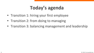Today’s agenda
• Transition 1: hiring your first employee
• Transition 2: from doing to managing
• Transition 3: balancing management and leadership
 