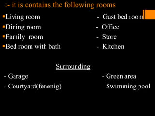 :- it is contains the following rooms
Living room - Gust bed room
Dining room - Office
Family room - Store
Bed room with bath - Kitchen
Surrounding
- Garage - Green area
- Courtyard(fenenig) - Swimming pool
 