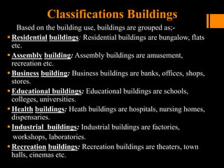 Classifications Buildings
Based on the building use, buildings are grouped as;-
Residential buildings: Residential buildings are bungalow, flats
etc.
Assembly building: Assembly buildings are amusement,
recreation etc.
Business building: Business buildings are banks, offices, shops,
stores.
Educational buildings: Educational buildings are schools,
colleges, universities.
Health buildings: Heath buildings are hospitals, nursing homes,
dispensaries.
Industrial buildings: Industrial buildings are factories,
workshops, laboratories.
Recreation buildings: Recreation buildings are theaters, town
halls, cinemas etc.
 