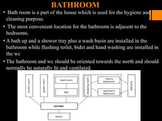 BATHROOM
 Bath room is a part of the house which is used for the hygiene and
cleaning purpose.
 The most convenient location for the bathroom is adjacent to the
bedrooms.
A bath up and a shower tray plus a wash basin are installed in the
bathroom while flushing toilet, bidet and hand washing are installed in
the wc
The bathroom and wc should be oriented towards the north and should
normally be naturally lit and ventilated.
 