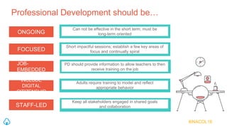 Professional Development should be…
ONGOING
Can not be effective in the short term; must be
long-term oriented
FOCUSED
Sho...
