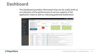 23© 2018 Rogue Wave Software, Inc. All Rights Reserved.
• The Dashboard provides information that can be useful both as
an indication of the performance of various aspects of the
application stack as well as indicating potential bottlenecks
 