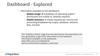26© 2018 Rogue Wave Software, Inc. All Rights Reserved.
• Information available on the dashboard:
– Mobile Usage  breakdown of operating system
distribution and mobile vs. desktop requests
– Mobile Statistics  shows requests per second and
processing breakdown by output, database, network,
disk, and php
The "Statistics Charts" page from the Zend Server documentation can
be a good place to get more information on the statistical
information available on the dashboard:
http://files.zend.com/help/Zend-
Server/content/zend_statistics_charts.htm
 