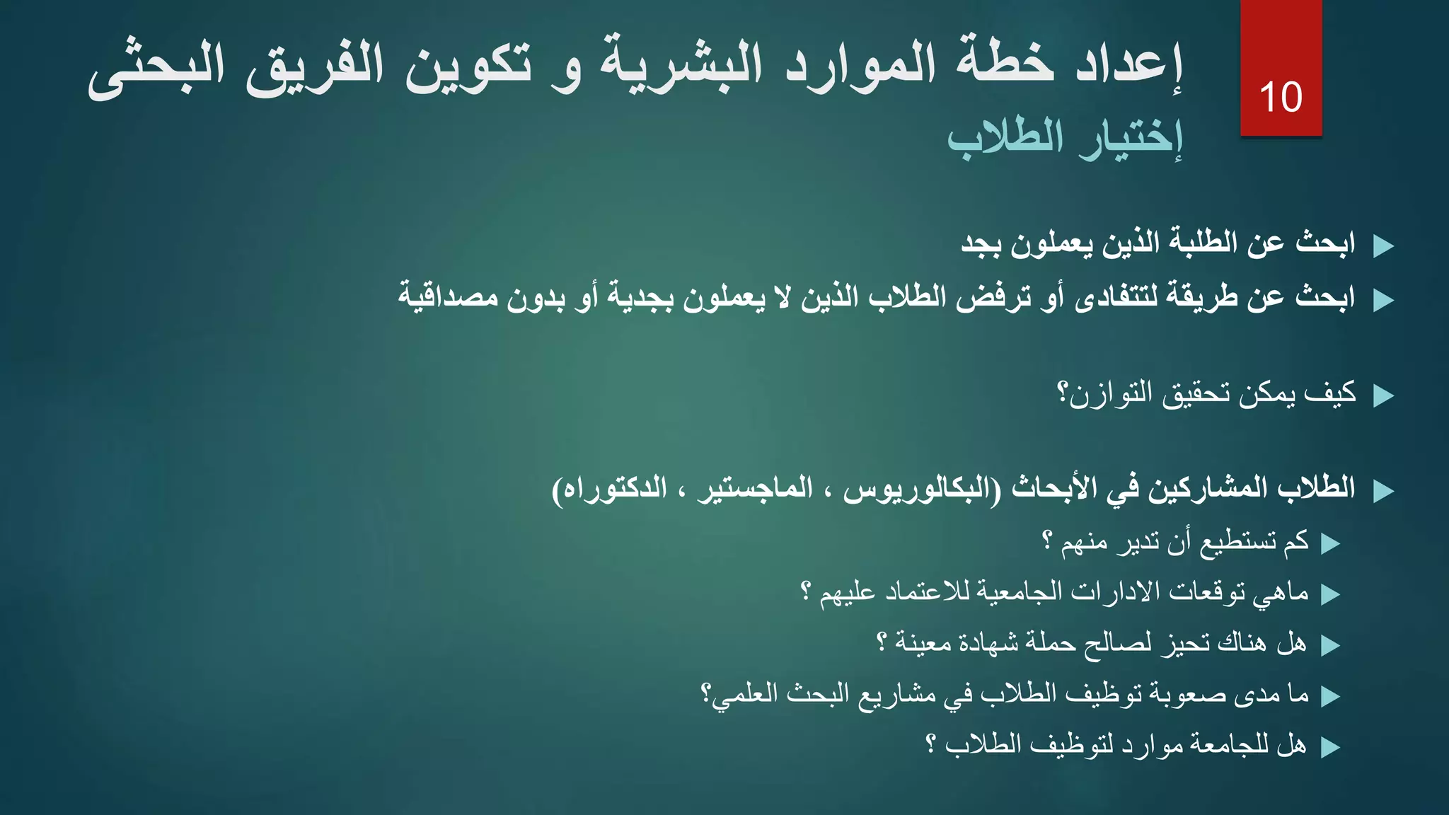 ‫إعداد‬‫خطة‬‫الموارد‬‫البشرية‬‫و‬‫تكوين‬‫الفريق‬‫الب‬‫حثى‬
‫إختيار‬‫الطالب‬
‫بجد‬ ‫يعملون‬ ‫الذين‬ ‫الطلبة‬ ‫عن‬ ‫ابحث‬
‫مصداقية‬ ‫بدون‬ ‫أو‬ ‫بجدية‬ ‫يعملون‬ ‫ال‬ ‫الذين‬ ‫الطالب‬ ‫ترفض‬ ‫أو‬ ‫لتتفادى‬ ‫طريقة‬ ‫عن‬ ‫ابحث‬
‫التوازن‬ ‫تحقيق‬ ‫يمكن‬ ‫كيف‬‫؟‬
‫األبحاث‬ ‫في‬ ‫المشاركين‬ ‫الطالب‬(‫الدكتوراه‬ ، ‫الماجستير‬ ، ‫البكالوريوس‬)
‫؟‬ ‫منهم‬ ‫تدير‬ ‫أن‬ ‫تستطيع‬ ‫كم‬
‫؟‬ ‫عليهم‬ ‫لالعتماد‬ ‫الجامعية‬ ‫االدارات‬ ‫توقعات‬ ‫ماهي‬
‫هل‬‫تحيز‬ ‫هناك‬‫حملة‬ ‫لصالح‬‫؟‬ ‫معينة‬ ‫شهادة‬
‫توظيف‬ ‫صعوبة‬ ‫مدى‬ ‫ما‬‫العلمي؟‬ ‫البحث‬ ‫مشاريع‬ ‫في‬ ‫الطالب‬
‫موارد‬ ‫للجامعة‬ ‫هل‬‫؟‬ ‫الطالب‬ ‫لتوظيف‬
10
 