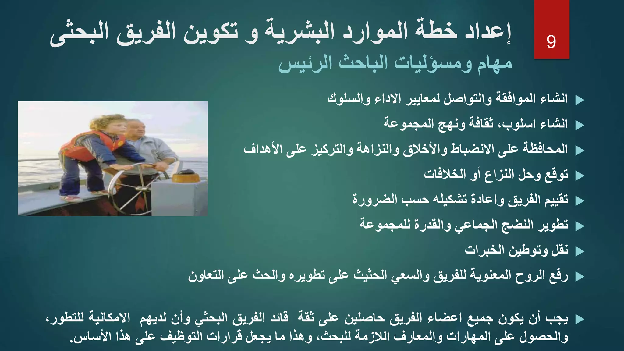 ‫انشاء‬‫الموافقة‬‫والتواصل‬‫لمعايير‬‫االداء‬‫والسلوك‬
‫انشاء‬،‫اسلوب‬‫ثقافة‬‫ونهج‬‫المجموعة‬
‫المحافظة‬‫على‬‫االنضباط‬‫واألخالق‬‫والنزاهة‬‫والتركيز‬‫على‬‫األهداف‬
‫توقع‬‫وحل‬‫النزاع‬‫أو‬‫الخالفات‬
‫تقييم‬‫الفريق‬‫واعادة‬‫تشكيله‬‫حسب‬‫الضرورة‬
‫تطوير‬‫النضج‬‫الجماعي‬‫والقدرة‬‫للمجموعة‬
‫نقل‬‫وتوطين‬‫الخبرات‬
‫رفع‬‫الروح‬‫المعنوية‬‫للفريق‬‫والسعي‬‫الحثيث‬‫على‬‫تطويره‬‫والحث‬‫على‬‫التعاون‬
‫يجب‬‫أن‬‫يكون‬‫جميع‬‫اعضاء‬‫الفريق‬‫حاصلين‬‫على‬‫ثقة‬‫قائد‬‫الفريق‬‫البحثي‬‫وأن‬‫لديهم‬‫االمكاني‬‫ة‬،‫للتطور‬
‫والحصول‬‫على‬‫المهارات‬‫والمعارف‬‫الالزمة‬،‫للبحث‬‫وهذا‬‫ما‬‫يجعل‬‫قرارات‬‫التوظيف‬‫على‬‫هذا‬‫األساس‬.
‫البح‬ ‫الفريق‬ ‫تكوين‬ ‫و‬ ‫البشرية‬ ‫الموارد‬ ‫خطة‬ ‫إعداد‬‫ثى‬
‫ومسؤليات‬ ‫مهام‬‫الباحث‬‫الرئيس‬
9
 