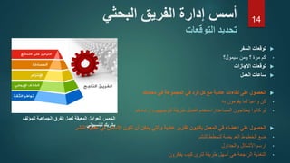 ‫البحثي‬ ‫الفريق‬ ‫إدارة‬ ‫أسس‬
‫التوقعات‬ ‫تحديد‬
‫السفر‬ ‫توقعات‬
•‫سيمول؟‬ ‫ومن‬ ‫؟‬ ‫مرة‬ ‫كم‬
‫االجازات‬ ‫توقعات‬
‫العمل‬ ‫ساعات‬
‫معاملك‬ ‫في‬ ‫المجموعة‬ ‫في‬ ‫فرد‬ ‫كل‬ ‫مع‬ ‫عادية‬ ‫لقاءات‬ ‫على‬ ‫الحصول‬
•‫يقومون‬ ‫لما‬ ‫واعيا‬ ‫كن‬‫به‬
•‫المساعدة‬ ‫يحتاجون‬ ‫كانوا‬ ‫لو‬,‫وارشادهم‬ ‫لتوجيههم‬ ‫طريقة‬ ‫افضل‬ ‫استخدم‬
‫النشر‬ ‫عملية‬ ‫في‬ ‫األساس‬ ‫تكون‬ ‫أن‬ ‫يمكن‬ ‫والتي‬ ‫عادية‬ ‫تقارير‬ ‫يكتبون‬ ‫المعمل‬ ‫في‬ ‫اعضاء‬ ‫على‬ ‫الحصول‬
•‫للنشر‬ ‫لتخطط‬ ‫العريضة‬ ‫الخطوط‬ ‫ضع‬
•‫والجداول‬ ‫األشكال‬ ‫ارسم‬
•‫يفكرون‬ ‫كيف‬ ‫لترى‬ ‫طريقة‬ ‫أسهل‬ ‫هي‬ ‫الراجعة‬ ‫التغذية‬
14
‫الخمس‬‫الفرق‬ ‫لعمل‬ ‫المعيقة‬ ‫العوامل‬‫الجماعية‬‫للمؤلف‬
‫لينسيوني‬ ‫باتريك‬
 