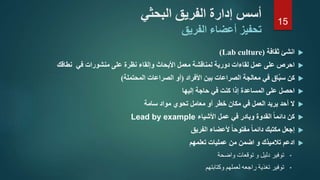 ‫البحثي‬ ‫الفريق‬ ‫إدارة‬ ‫أسس‬
‫تحفيز‬‫أعضاء‬‫الفريق‬
‫انشئ‬‫ثقافة‬(Lab culture)
‫نطاقك‬ ‫في‬ ‫منشورات‬ ‫على‬ ‫نظرة‬ ‫وإلقاء‬ ‫األبحاث‬ ‫معمل‬ ‫لمناقشة‬ ‫دورية‬ ‫لقاءات‬ ‫عمل‬ ‫على‬ ‫احرص‬
‫األفراد‬ ‫بين‬ ‫الصراعات‬ ‫معالجة‬ ‫في‬ ‫اق‬ّ‫ب‬‫س‬ ‫كن‬(‫المحتملة‬ ‫الصراعات‬ ‫أو‬)
‫إليها‬ ‫حاجة‬ ‫في‬ ‫كنت‬ ‫إذا‬ ‫المساعدة‬ ‫على‬ ‫احصل‬
‫سامة‬ ‫مواد‬ ‫تحوي‬ ‫معامل‬ ‫أو‬ ‫خطر‬ ‫مكان‬ ‫في‬ ‫العمل‬ ‫يريد‬ ‫أحد‬ ‫ال‬
‫األشياء‬ ‫عمل‬ ‫في‬ ‫وبادر‬ ‫القدوة‬ ‫دائما‬ ‫كن‬Lead by example
‫الفريق‬ ‫ألعضاء‬ ‫مفتوحا‬ ‫دائما‬ ‫مكتبك‬ ‫إجعل‬
‫تعلمهم‬ ‫عمليات‬ ‫من‬ ‫اضمن‬ ‫و‬ ‫تالميذك‬ ‫ادعم‬
•‫واضحة‬ ‫توقعات‬ ‫و‬ ‫دليل‬ ‫توفير‬
•‫وكتابتهم‬ ‫لعملهم‬ ‫راجعه‬ ‫تغذية‬ ‫توفير‬
15
 