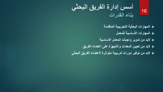 ‫البحثي‬ ‫الفريق‬ ‫إدارة‬ ‫أسس‬
‫القدرات‬ ‫بناء‬
‫المتقدمة‬ ‫التجريبية‬ ‫البحثية‬ ‫المهارات‬
‫المهارات‬‫األساسية‬‫للمعمل‬
‫تدوير‬ ‫من‬ ‫البد‬‫المعمل‬ ‫واجبات‬‫االساسية‬
‫تعيين‬ ‫من‬ ‫البد‬‫المعدات‬‫الفريق‬ ‫أعضاء‬ ‫على‬ ‫واألجهزة‬
‫البحثي‬ ‫الفريق‬ ‫ألعضاء‬ ‫متواترة‬ ‫تدريبية‬ ‫دورات‬ ‫توفير‬ ‫من‬ ‫البد‬
16
 