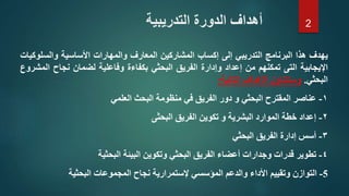 ‫ي‬‫هدف‬‫هذا‬‫البرنامج‬‫التدريبي‬‫إلى‬‫إكساب‬‫المشاركين‬‫المعارف‬‫والمهارات‬‫األساسية‬‫والسلو‬‫كيات‬
‫اإليجابية‬‫التى‬‫تمكنهم‬‫من‬‫إعداد‬‫وإدارة‬‫الفريق‬‫البحثي‬‫بكفاءة‬‫وفاعلية‬‫لضمان‬‫نجاح‬‫ال‬‫مشروع‬
‫البحثي‬.‫وستتناول‬‫األهداف‬‫التالية‬:
١-‫عناصر‬‫المقترح‬‫البحثي‬‫و‬‫دور‬‫الفريق‬‫في‬‫منظومة‬‫البحث‬‫العلمي‬
٢-‫إعداد‬‫خطة‬‫الموارد‬‫البشرية‬‫و‬‫تكوين‬‫الفريق‬‫البحثى‬
٣-‫أسس‬‫إدارة‬‫الفريق‬‫البحثي‬
٤-‫تطوير‬‫قدرات‬‫وجدارات‬‫أعضاء‬‫الفريق‬‫البحثي‬‫وتكوين‬‫البيئة‬‫البحثية‬
5-‫التوازن‬‫وتقييم‬‫األداء‬‫والدعم‬‫المؤسسي‬‫إلستمرارية‬‫نجاح‬‫المجموعات‬‫البحثية‬
‫أ‬‫الدورة‬ ‫هداف‬‫التدريبية‬ 2
 