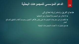 ‫إلى‬ ‫تحتاج‬ ‫وإستمراريته‬ ‫الفريق‬ ‫نجاح‬
‫اإلعالن‬‫البحثية‬ ‫المجموعة‬ ‫عن‬‫وعن‬‫أنشطتها‬
‫عن‬ ‫اإلفصاح‬‫المجموعة‬ ‫مخرجات‬‫يكون‬ ‫حتى‬‫ظاهرا‬‫ل‬ ‫والتعليق‬ ‫للنقد‬ ً‫ا‬‫ومعرض‬ ‫للعيان‬‫لصالح‬
‫العام‬.
‫البحثية‬ ‫المجموعات‬ ‫ألعضاء‬ ‫إمتيازات‬ ‫منح‬
‫البحثية‬ ‫للمجموعات‬ ‫المؤسسي‬ ‫الدعم‬ 24
 