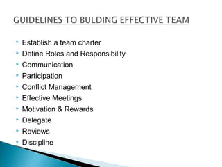  Establish a team charter 
 Define Roles and Responsibility 
 Communication 
 Participation 
 Conflict Management 
 Effective Meetings 
 Motivation & Rewards 
 Delegate 
 Reviews 
 Discipline 
 