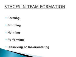 Forming 
 Storming 
 Norming 
 Performing 
 Dissolving or Re-orientating 
 
