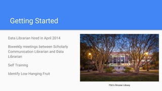 Getting Started
Data Librarian hired in April 2014
Biweekly meetings between Scholarly
Communication Librarian and Data
Librarian
Self Training
Identify Low Hanging Fruit
FSU’s Strozier Library
 