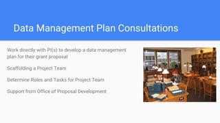Data Management Plan Consultations
Work directly with PI(s) to develop a data management
plan for their grant proposal
Scaffolding a Project Team
Determine Roles and Tasks for Project Team
Support from Office of Proposal Development
 