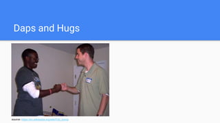 Daps and Hugs
source: https://en.wikipedia.org/wiki/Fist_bump
 