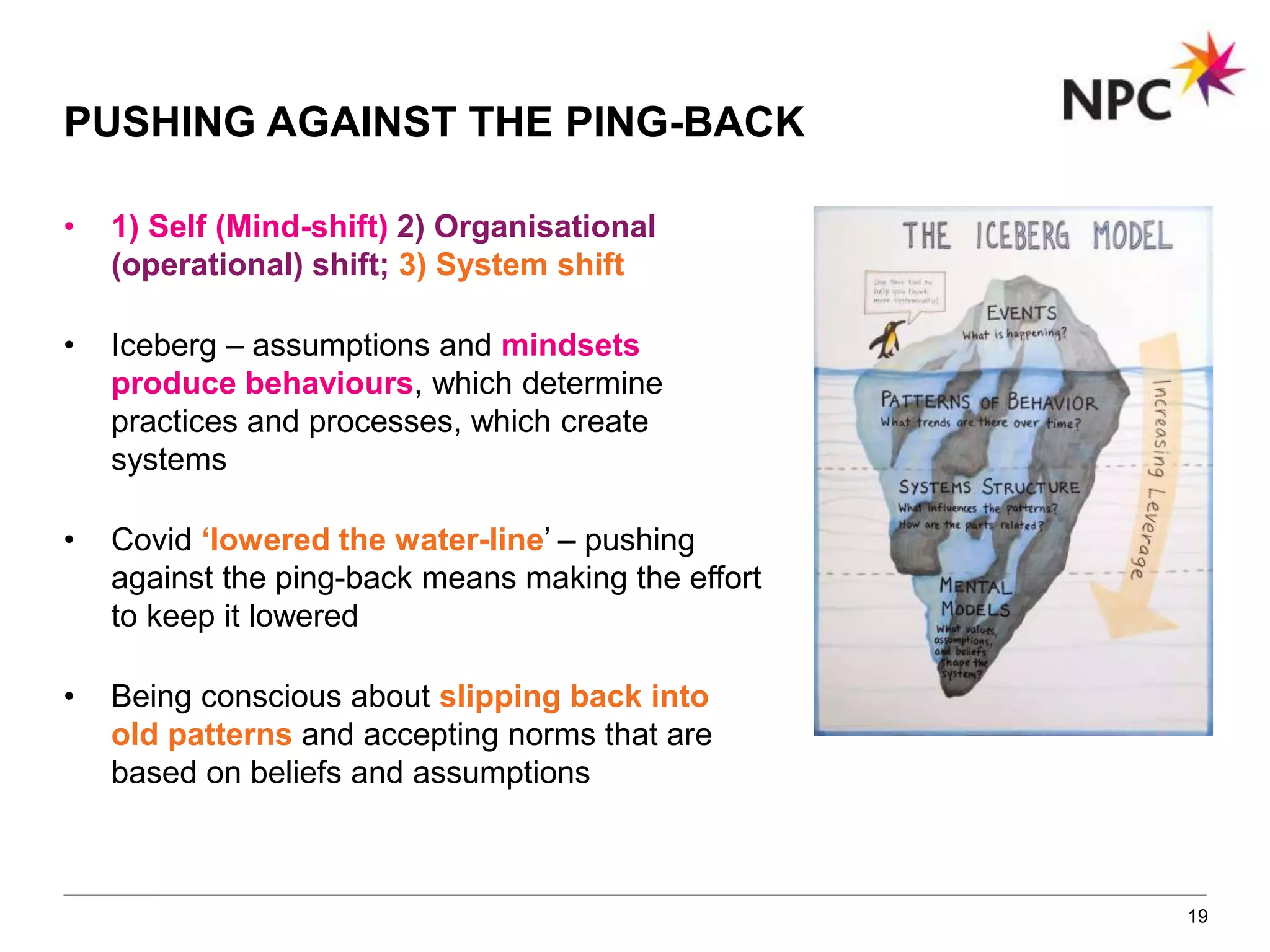 19
• 1) Self (Mind-shift) 2) Organisational
(operational) shift; 3) System shift
• Iceberg – assumptions and mindsets
produce behaviours, which determine
practices and processes, which create
systems
• Covid ‘lowered the water-line’ – pushing
against the ping-back means making the effort
to keep it lowered
• Being conscious about slipping back into
old patterns and accepting norms that are
based on beliefs and assumptions
PUSHING AGAINST THE PING-BACK
 