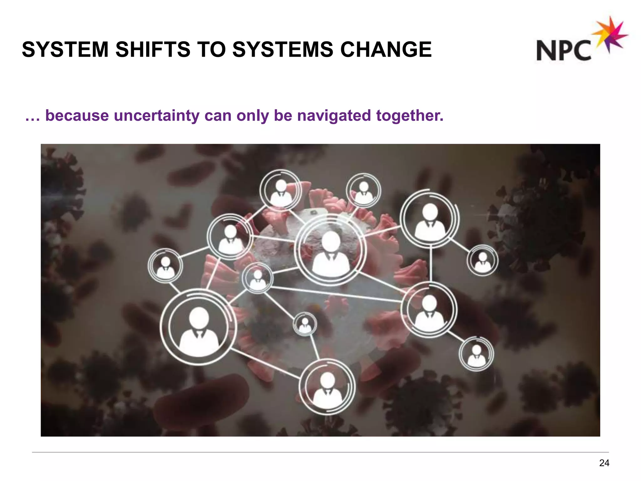 24
… because uncertainty can only be navigated together.
SYSTEM SHIFTS TO SYSTEMS CHANGE
 
