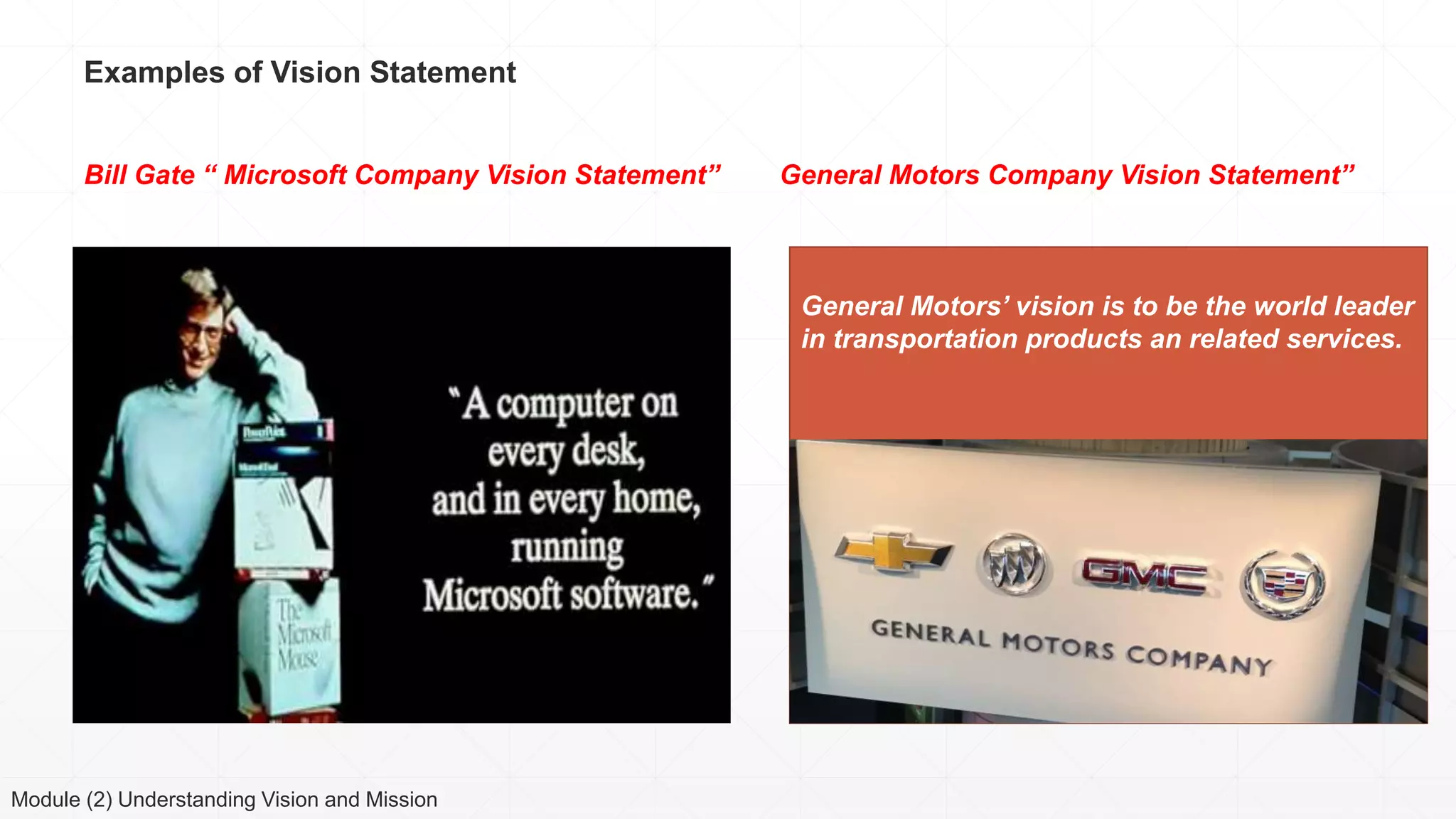 Examples of Vision Statement
Module (2) Understanding Vision and Mission
Bill Gate “ Microsoft Company Vision Statement” General Motors Company Vision Statement”
General Motors’ vision is to be the world leader
in transportation products an related services.
 