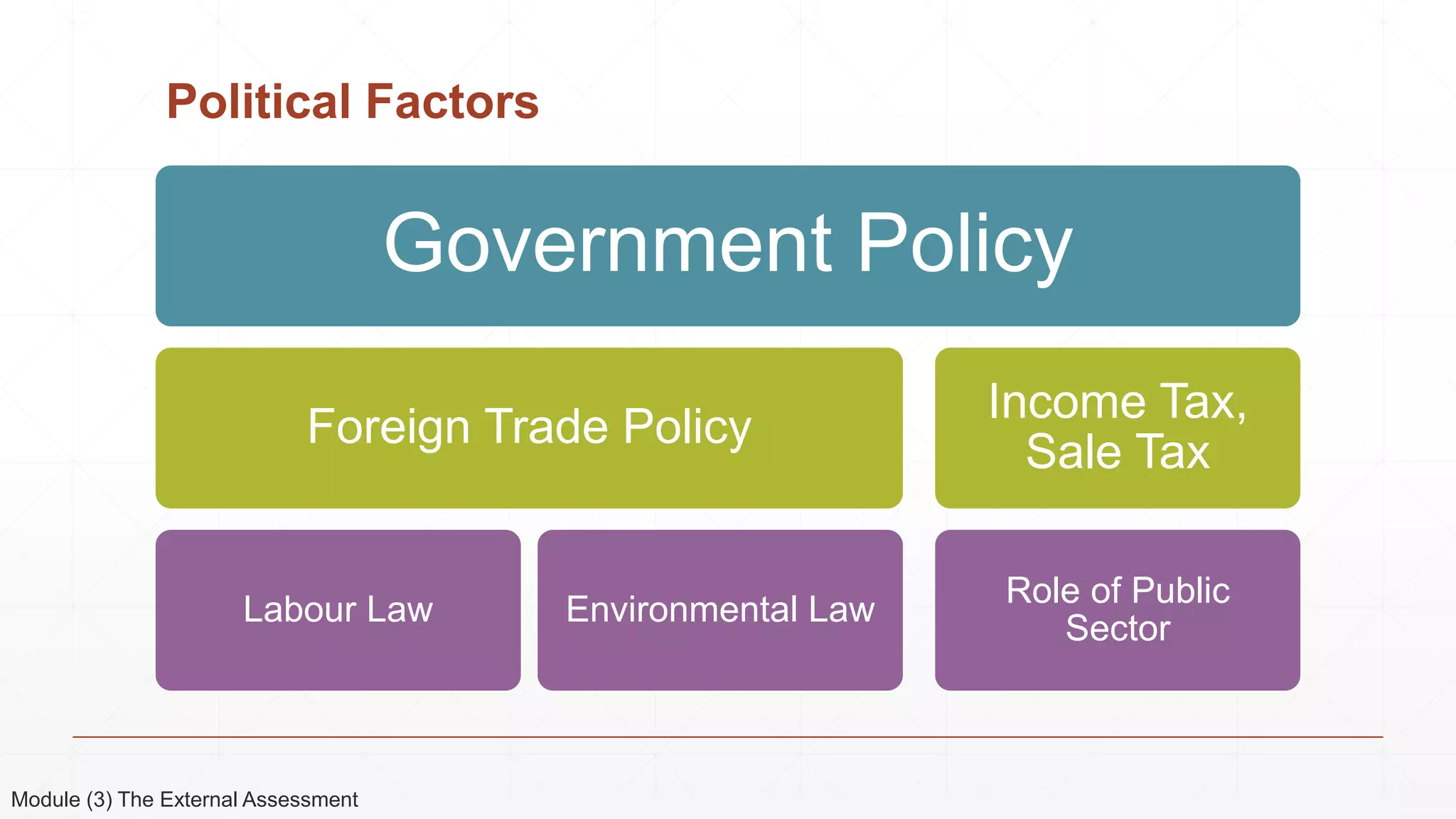 Political Factors
Government Policy
Foreign Trade Policy
Labour Law Environmental Law
Income Tax,
Sale Tax
Role of Public
Sector
Module (3) The External Assessment
 
