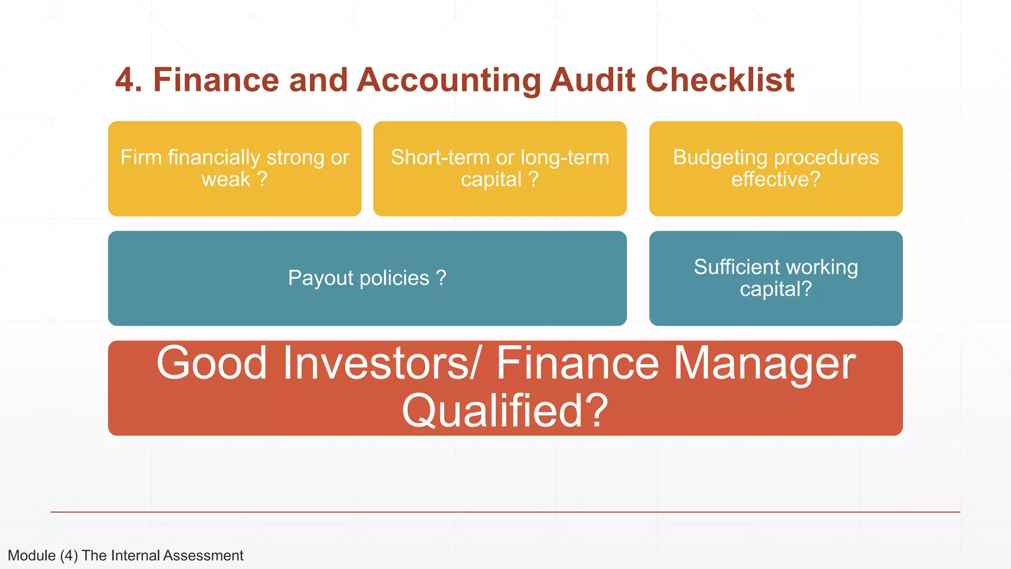 4. Finance and Accounting Audit Checklist
Module (4) The Internal Assessment
Good Investors/ Finance Manager
Qualified?
Payout policies ?
Firm financially strong or
weak ?
Short-term or long-term
capital ?
Sufficient working
capital?
Budgeting procedures
effective?
 