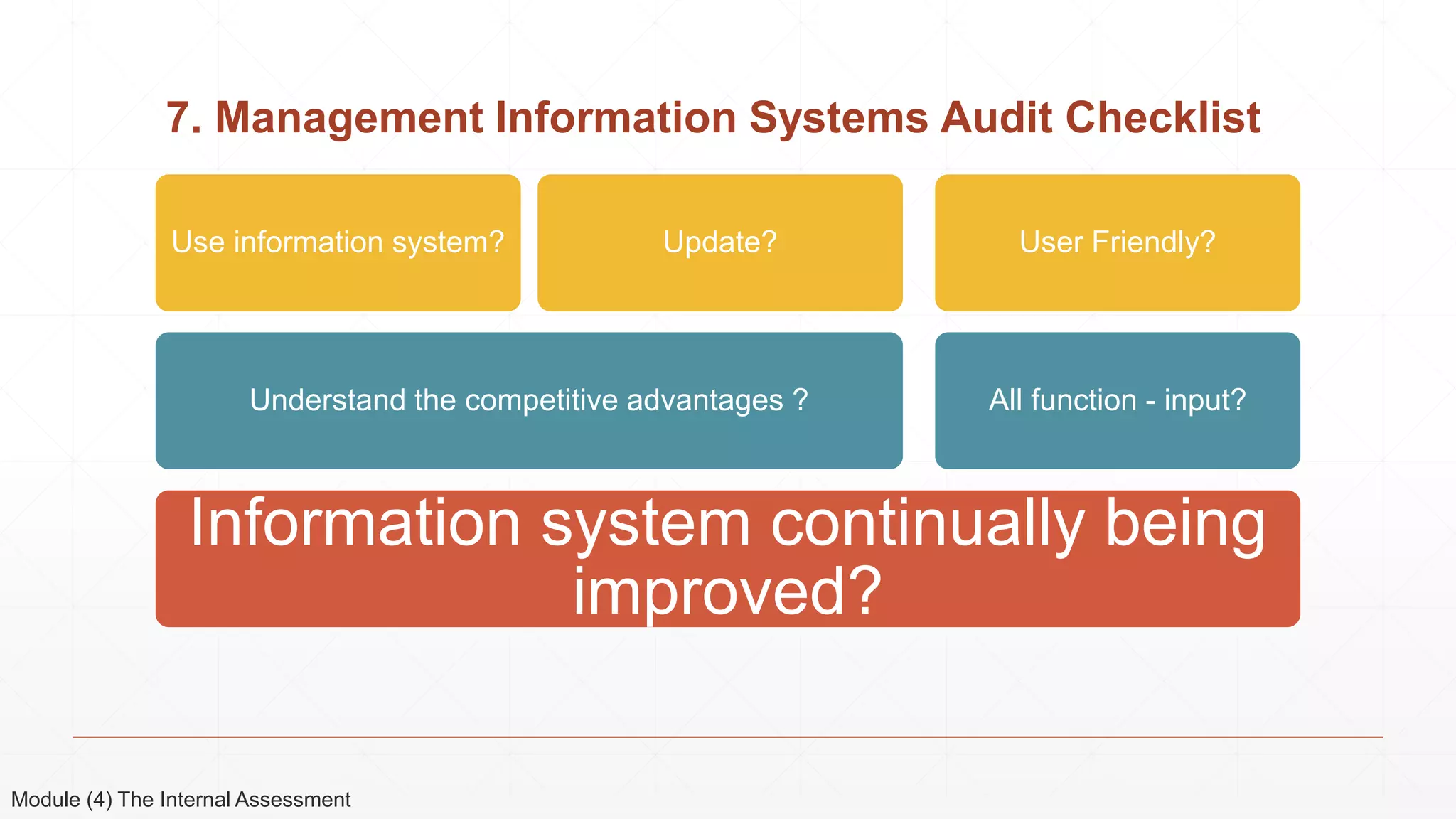 7. Management Information Systems Audit Checklist
Module (4) The Internal Assessment
Information system continually being
improved?
Understand the competitive advantages ?
Use information system? Update?
All function - input?
User Friendly?
 