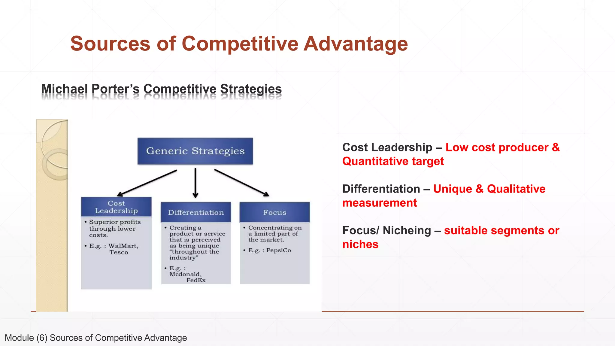 Sources of Competitive Advantage
Module (6) Sources of Competitive Advantage
Michael Porter’s Competitive Strategies
Cost Leadership – Low cost producer &
Quantitative target
Differentiation – Unique & Qualitative
measurement
Focus/ Nicheing – suitable segments or
niches
 