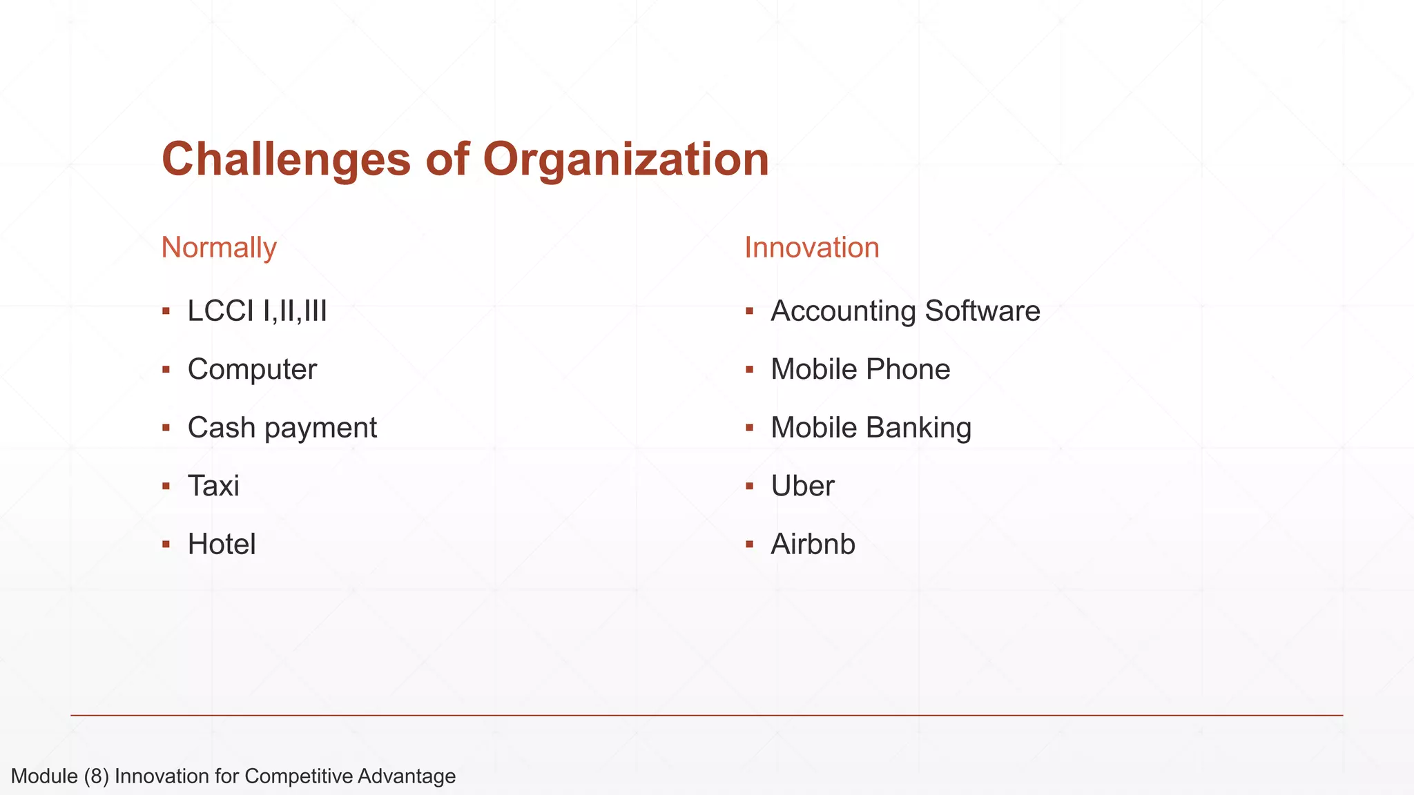 Challenges of Organization
Normally
▪ LCCI I,II,III
▪ Computer
▪ Cash payment
▪ Taxi
▪ Hotel
Innovation
▪ Accounting Software
▪ Mobile Phone
▪ Mobile Banking
▪ Uber
▪ Airbnb
Module (8) Innovation for Competitive Advantage
 