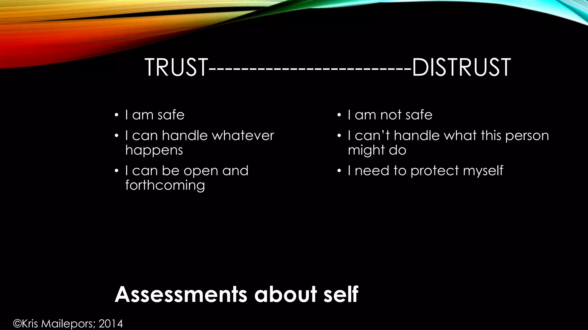 TRUST-------------------------DISTRUST
• I am not safe
• I can’t handle what this person
might do
• I need to protect myself
• I am safe
• I can handle whatever
happens
• I can be open and
forthcoming
Assessments about self
©Kris Mailepors; 2014
 