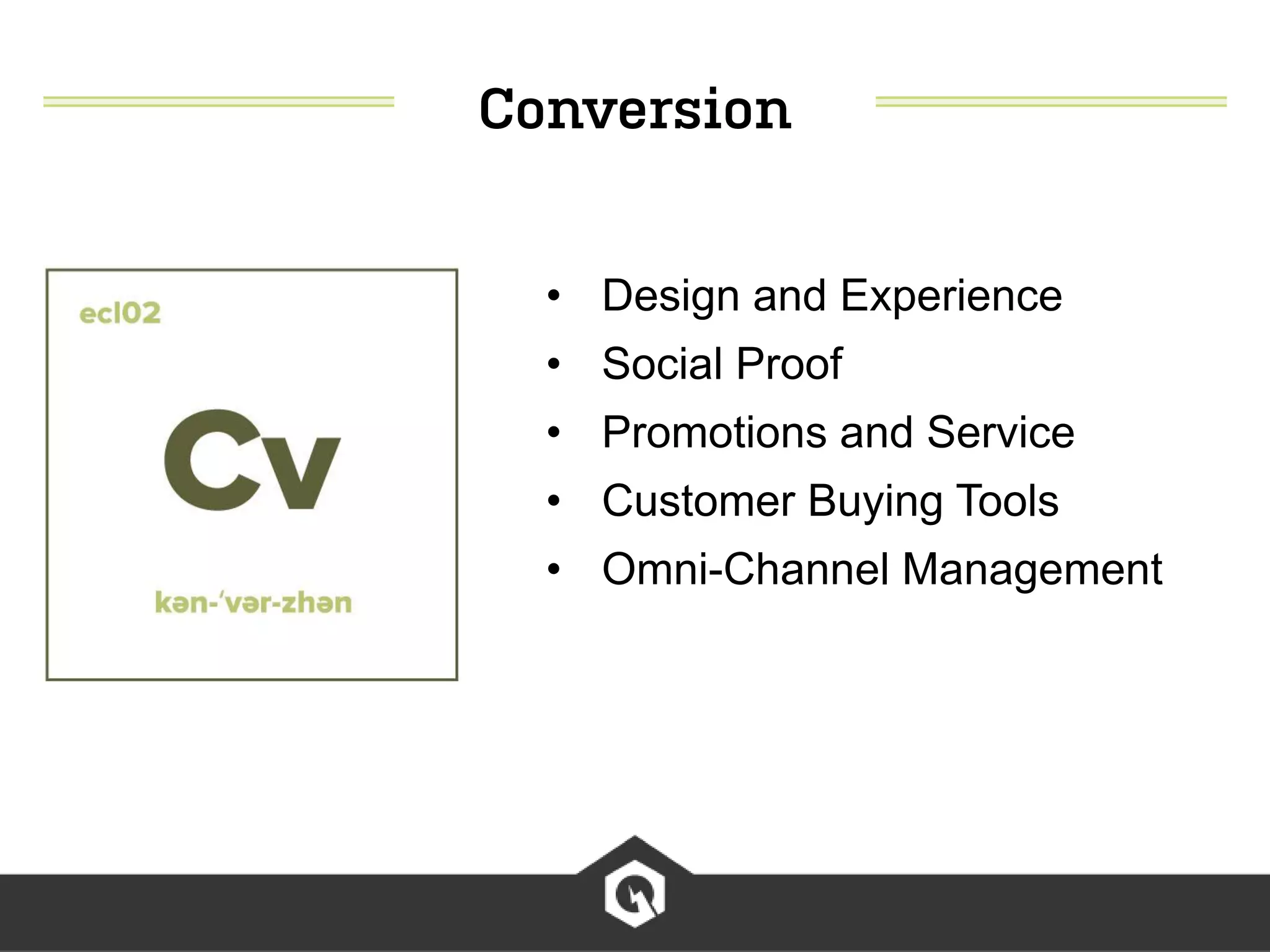 • Design and Experience
• Social Proof
• Promotions and Service
• Customer Buying Tools
• Omni-Channel Management
 