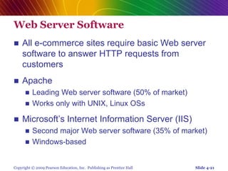 Copyright © 2009 Pearson Education, Inc. Publishing as Prentice Hall
Web Server Software
 All e-commerce sites require basic Web server
software to answer HTTP requests from
customers
 Apache
 Leading Web server software (50% of market)
 Works only with UNIX, Linux OSs
 Microsoft’s Internet Information Server (IIS)
 Second major Web server software (35% of market)
 Windows-based
Slide 4-21
 