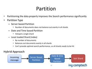 Partition
• Partitioning the data properly improves the Search performance significantly
• Partition Type
– Server based Partition
• Number of documents does not balance out evenly in all shards
– Date and Time based Partition
• Hotspot a single shard
– Least loaded Shard (index)
• By number of documents
• Balances out documents evenly in all shards
• Can’t provide optimal search performance, as all shards needs to be hit
30
Incoming
message
Server Based
Partition
Date & time
Based
Partition
Solr Shard
Hybrid Approach
 