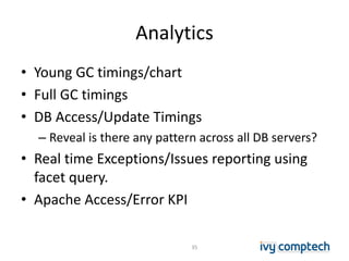 Analytics
• Young GC timings/chart
• Full GC timings
• DB Access/Update Timings
– Reveal is there any pattern across all DB servers?
• Real time Exceptions/Issues reporting using
facet query.
• Apache Access/Error KPI
35
 