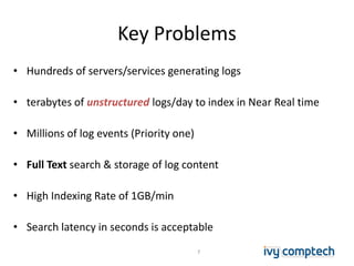 Key Problems
• Hundreds of servers/services generating logs
• terabytes of unstructured logs/day to index in Near Real time
• Millions of log events (Priority one)
• Full Text search & storage of log content
• High Indexing Rate of 1GB/min
• Search latency in seconds is acceptable
7
 