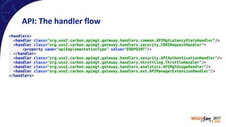 API:	The	handler	flow
<handlers> 
<handler class="org.wso2.carbon.apimgt.gateway.handlers.common.APIMgtLatencyStatsHandler"/> 
<handler class="org.wso2.carbon.apimgt.gateway.handlers.security.CORSRequestHandler"> 
<property name="apiImplementationType" value="ENDPOINT"/> 
</handler> 
<handler class="org.wso2.carbon.apimgt.gateway.handlers.security.APIAuthenticationHandler"/> 
<handler class="org.wso2.carbon.apimgt.gateway.handlers.throttling.ThrottleHandler"/> 
<handler class="org.wso2.carbon.apimgt.gateway.handlers.analytics.APIMgtUsageHandler"/> 
<handler class="org.wso2.carbon.apimgt.gateway.handlers.ext.APIManagerExtensionHandler"/> 
</handlers>
 