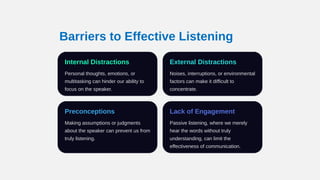 Barriers to Effective Listening
Internal Distractions
Personal thoughts, emotions, or
multitasking can hinder our ability to
focus on the speaker.
External Distractions
Noises, interruptions, or environmental
factors can make it difficult to
concentrate.
Preconceptions
Making assumptions or judgments
about the speaker can prevent us from
truly listening.
Lack of Engagement
Passive listening, where we merely
hear the words without truly
understanding, can limit the
effectiveness of communication.
 