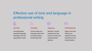 Effective use of tone and language in
professional writing
Formal
Use appropriate,
respectful language
that aligns with your
organization's style.
Concise
Communicate your
message clearly and
succinctly without
unnecessary fluff.
Objective
Maintain a neutral,
impartial tone that
focuses on facts and
avoids personal
opinions.
Professional
Adopt a tone that
reflects your
expertise and the
importance of the
communication.
 