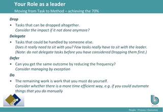 17
People l Process l Outcomes
Drop
• Tasks that can be dropped altogether.
Consider the impact if it not done anymore?
Delegate
• Tasks that could be handled by someone else.
Does it really need to sit with you? Few tasks really have to sit with the leader.
(Note: do not delegate tasks before you have considered Dropping them first.)
Defer
• Can you get the same outcome by reducing the frequency?
Consider managing by exception
Do
• The remaining work is work that you must do yourself.
Consider whether there is a more time efficient way, e.g. if you could automate
things that you do manually
Your Role as a leader
Moving from Task to Method – achieving the 70%
 