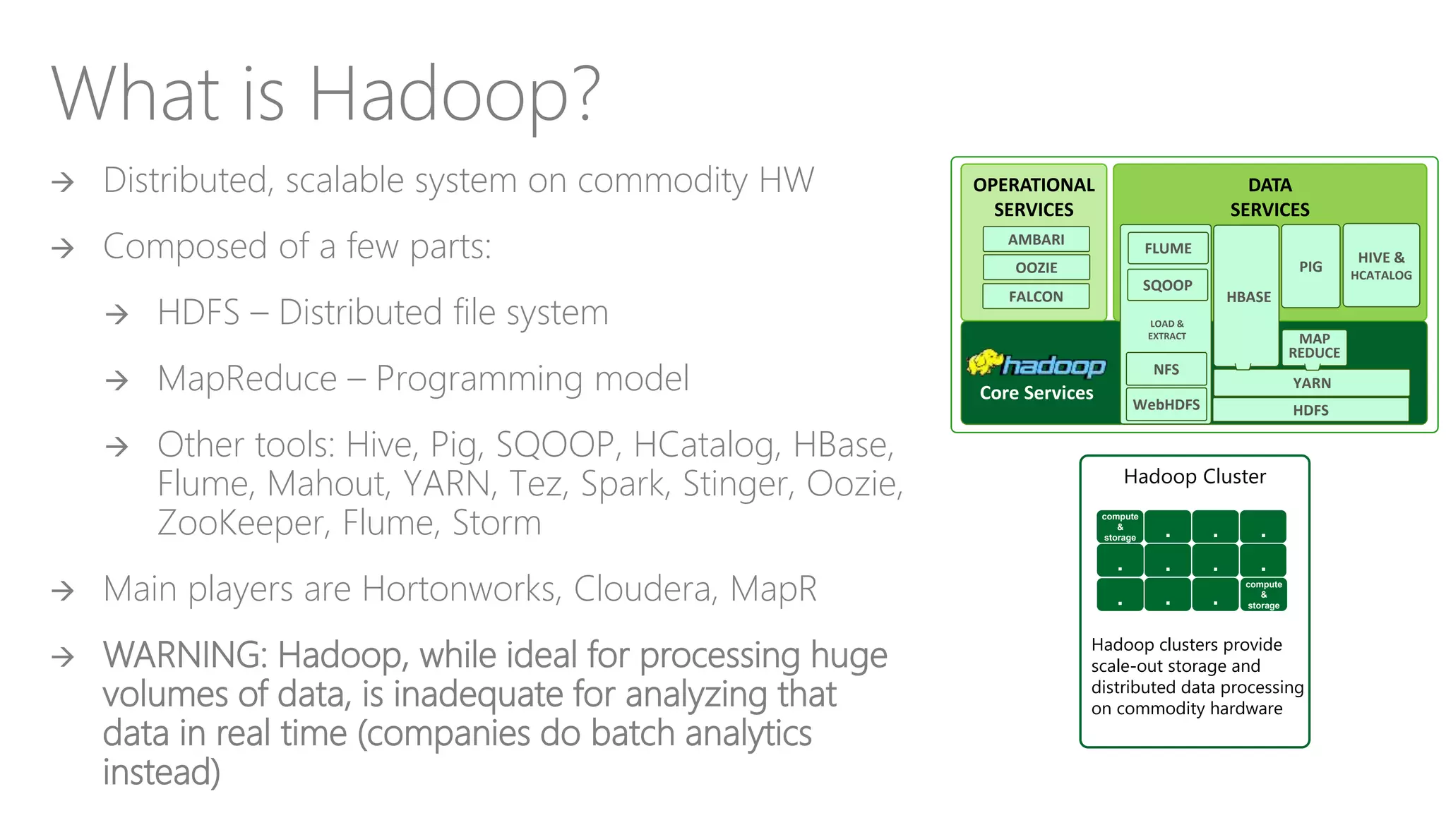 What is Hadoop?
Microsoft Confidential
 Distributed, scalable system on commodity HW
 Composed of a few parts:
 HDFS – Distributed file system
 MapReduce – Programming model
 Other tools: Hive, Pig, SQOOP, HCatalog, HBase,
Flume, Mahout, YARN, Tez, Spark, Stinger, Oozie,
ZooKeeper, Flume, Storm
 Main players are Hortonworks, Cloudera, MapR
 WARNING: Hadoop, while ideal for processing huge
volumes of data, is inadequate for analyzing that
data in real time (companies do batch analytics
instead)
Core Services
OPERATIONAL
SERVICES
DATA
SERVICES
HDFS
SQOOP
FLUME
NFS
LOAD &
EXTRACT
WebHDFS
OOZIE
AMBARI
YARN
MAP
REDUCE
HIVE &
HCATALOG
PIG
HBASEFALCON
Hadoop Cluster
compute
&
storage . . .
. . .
. .
compute
&
storage
.
.
Hadoop clusters provide
scale-out storage and
distributed data processing
on commodity hardware
 