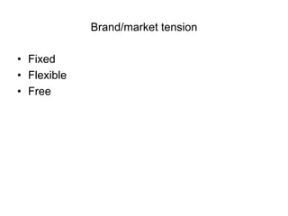 Brand/market tension

• Fixed
• Flexible
• Free
 
