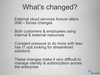 What’s changed?
•   External cloud services forever alters 
    IAM – forces changes

•   Both customers & employees using 
    internal & external resources

•   Constant pressure to do more with less 
    has IT ops looking for streamlined 
    solutions

•   These changes make it very difficult to 
    manage identity & authorization across 
    the enterprise
 