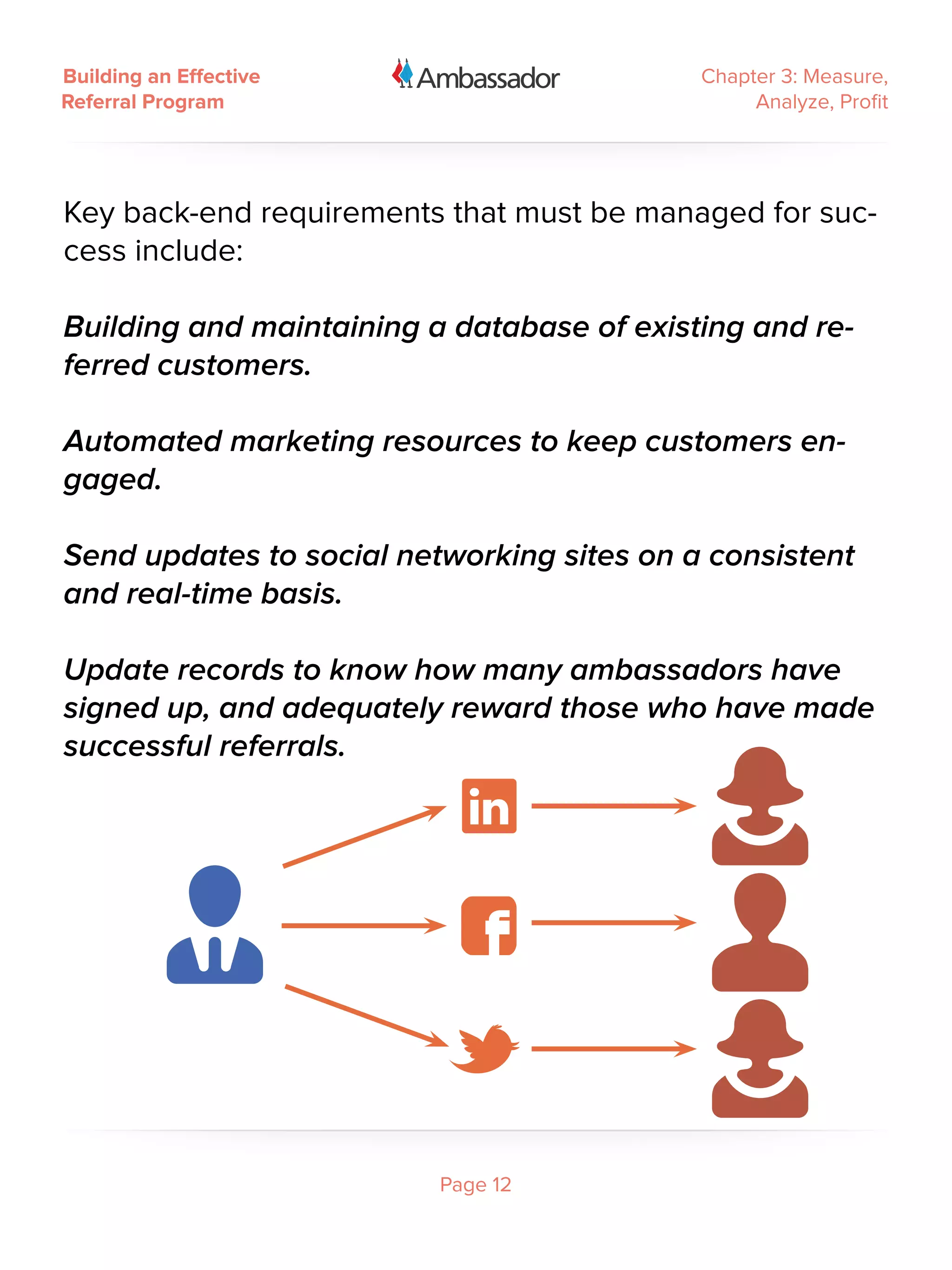 Building an Effective                       Chapter 3: Measure,
Referral Program                                 Analyze, Profit




Key back-end requirements that must be managed for suc-
cess include:

Building and maintaining a database of existing and re-
ferred customers.

Automated marketing resources to keep customers en-
gaged.

Send updates to social networking sites on a consistent
and real-time basis.

Update records to know how many ambassadors have
signed up, and adequately reward those who have made
successful referrals.




                          Page 12
 