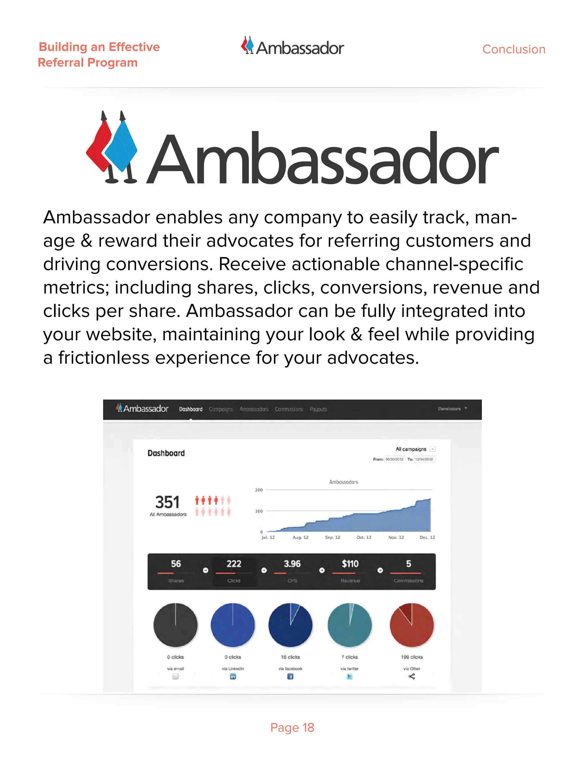 Building an Effective                               Conclusion
Referral Program




Ambassador enables any company to easily track, man-
age & reward their advocates for referring customers and
driving conversions. Receive actionable channel-specific
metrics; including shares, clicks, conversions, revenue and
clicks per share. Ambassador can be fully integrated into
your website, maintaining your look & feel while providing
a frictionless experience for your advocates.

 




                          Page 18
 