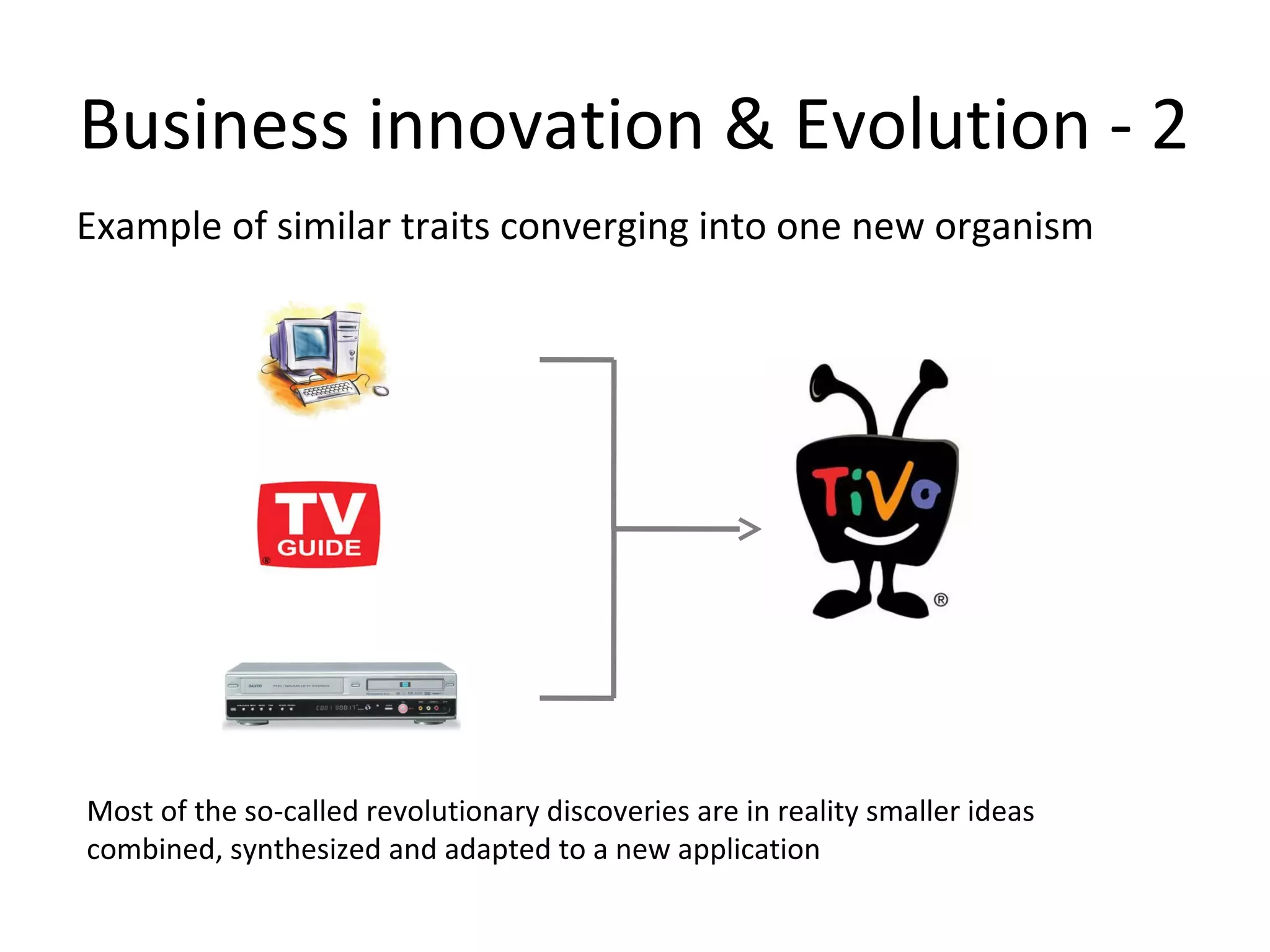Business innovation & Evolution - 2
Example of similar traits converging into one new organism
Most of the so-called revolutionary discoveries are in reality smaller ideas
combined, synthesized and adapted to a new application
 