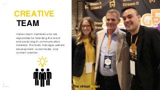 4
Lorem ipsum dolor sit amet consectetuer adipiscing
elit, sed diam nonummy nibh euismod tincidunt ut laoreet
dolore magna aliquam erat volutpat. Ut wisi enim ad
minim veniam, ut laoreet dolore mag euismod tincidunt ut
laoreet dolore magna aliquam erat volutpat. Ut wisi enim
ad minim veniam, ut laoreet dolore mag
METHOD1
TEXT HERE
METHOD2
TEXT HERE
CREATIVE
TEAM
Various team members who are
responsible for branding the event
and producing its communication
materials. This team manages website
development, social media, and
content creation.
The virtual ticket
 
