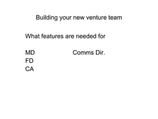 Building your new venture team What features are needed for MD Comms Dir. FD CA 