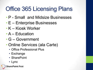 Office 365 Licensing Plans
• P - Small and Midsize Businesses
• E – Enterprise Businesses
• K – Kiosk Worker
• A – Education
• G – Government
• Online Services (ala Carte)
• Office Professional Plus
• Exchange
• SharePoint
• Lync
 